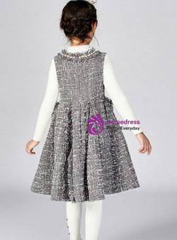 In Stock:Ship in 48 Hours Dark Gray V-neck Flower Girl Dress With Pearls