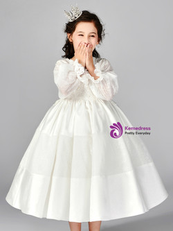 In Stock:Ship in 48 Hours White Satin Lace Long Sleeve Tea Length Girl Dress