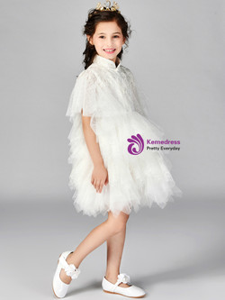 In Stock:Ship in 48 Hours White Tulle Puff Sleeve Flower Girl Dress