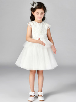 In Stock:Ship in 48 Hours White Tulle Cap Sleeve Flower Girl Dress