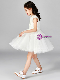 In Stock:Ship in 48 Hours White Tulle Cap Sleeve Flower Girl Dress