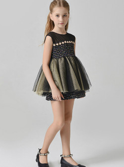 In Stock:Ship in 48 Hours Black Short Tulle Flower Girl Dress With Pearls