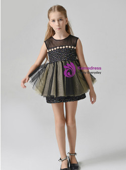 In Stock:Ship in 48 Hours Black Short Tulle Flower Girl Dress With Pearls