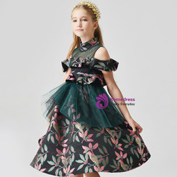 In Stock:Ship in 48 Hours Green Tulle Embroidery High Neck Flower Girl Dress