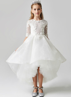 In Stock:Ship in 48 Hours White Hi Lo Tulle Short Sleeve Appliques Flower Girl Dress