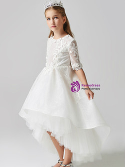 In Stock:Ship in 48 Hours White Hi Lo Tulle Short Sleeve Appliques Flower Girl Dress