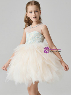 In Stock:Ship in 48 Hours Yellow Tulle Short Flwoer Girl Dress With Bead