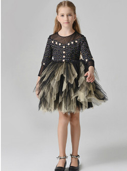 In Stock:Ship in 48 Hours Black Tulle Long Sleeve Girl Dress With Bead