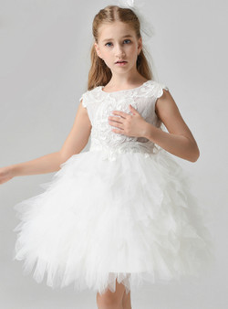 In Stock:Ship in 48 Hours White Tulle Lace Appliques Flower Girl Dress