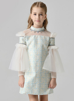 In Stock:Ship in 48 Hours Green Yellow Tulle High Neck Long Sleeve Girl Dress