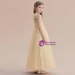 A-Line Gold Tulle Sequins Ankle Length Princese Flower Girl Dress
