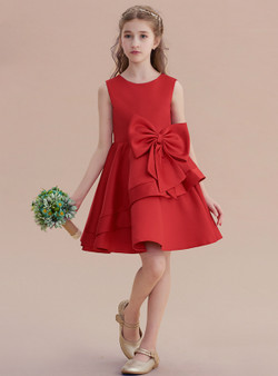 Simple A-Line Burgundy Satin Sleeveless Flower Girl Dresss With Bow