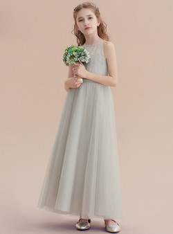 A-Line Gray Tulle Halter Sleeveless Ankle Length Flower Girl Dress
