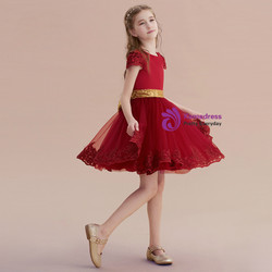 A-Line Burgundy Tulle Lace Appliques Cap Sleeve Girl Dress With Bow