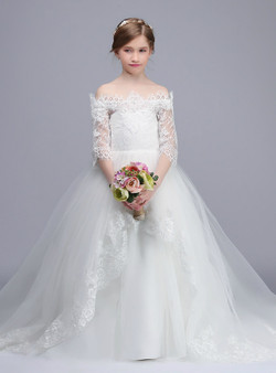 White Ball Gown Tulle Appliques Off The Shoulder Flower Girl Dress