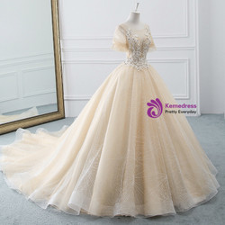 Champagne Ball Gown Tulle Short Sleeve Backless Wedding Dress With Beading