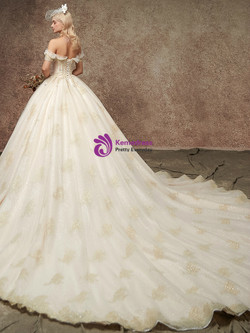 Champagne Ball Gown Tulle Applqiues Off The Shoulder Wedding Dress With Beading Champagne Ball Gown Tulle Applqiues Off The Shoulder Wedding Dress With Beading