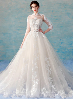 Champagne Tulle Lace Appliques High Neck 3/4 Sleeve Backless Wedding Dress