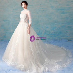 Champagne Tulle Lace Appliques High Neck 3/4 Sleeve Backless Wedding Dress