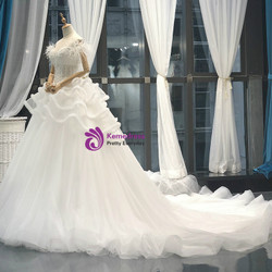 White Ball Gown Corset Tulle Off The Shoulder Wedding Dress With Feather