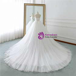 White Strapless Satin Tulle V-neck Wedding Dress With Train