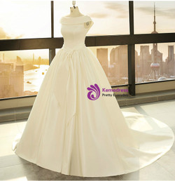 Beige White Satin Bateau Backless Cap Sleeve Wedding Dress