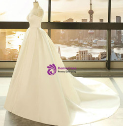 Ball Gown Beige White Satin See Through Cap Sleeve Wedding Dress