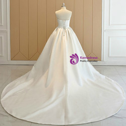 Beige White Sweetheart Neck Satin Big Bow Shirring Wedding Dress