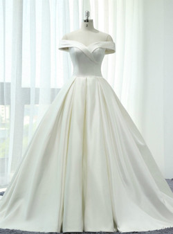 Beige White Ball Gown Satin Off The Shoulder Wedding Dress With Train