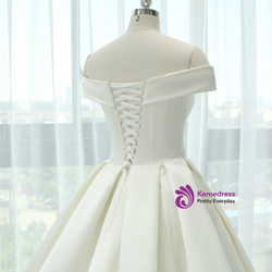 Beige White Ball Gown Satin Off The Shoulder Wedding Dress With Train