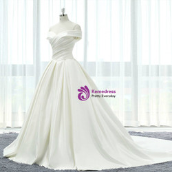 Beige White Satin Off The Shoulder Pleats With Train Wedding Dress
