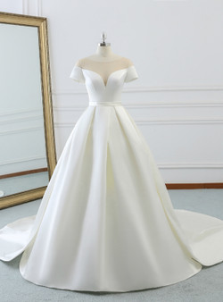Ball Gown Beige White Satin Scoop Neck Short Satin Wedding Dress