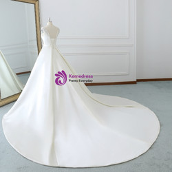 White Satin Cap Sleeve Backless Wedding Dress With Pearls