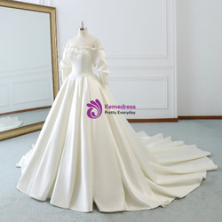 Ivory White Ball Gown Satin Off The Shoulder Puff Sleeve Wedding Dress