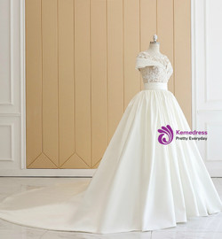 Beige White Ball Gown Satin Appliques Bateau Neck Wedding Dress
