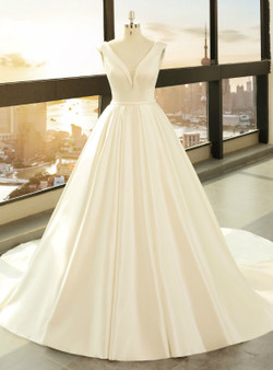 White Satin Ball Gown Deep V-neck Backless Wedding Dress White Satin Ball Gown Deep V-neck Backless Wedding Dress