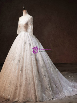 Beige White Tulle Sequins Bling Bling Half Sleeve Backless Wedding Dress