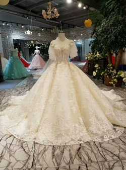 Light Champagne Deep V-neck Tulle Lace Appliques Wedding Dress With Beading
