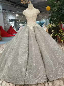 Ball Gown Silver Gray Bling Bling High Neck Backless Wedding Dress