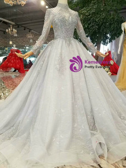 Gray Tulle High Neck Long Sleeve Backless Wedding Dress With Beading
