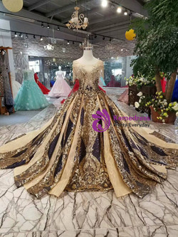 Gold Ball Gown Sequins Cap Sleeve Backless Wedding Dress With Train