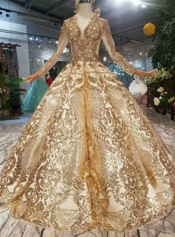 Gold Ball Gown Bling Bling V-neck Long Sleeve Wedding Dress Gold Ball Gown Bling Bling V-neck Long Sleeve Wedding Dress