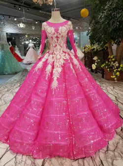 Fuchcia Tulle Sequins Long Sleeve White Lace Appliques Wedding Dress