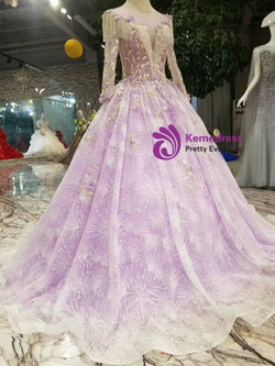 Light Purple Tulle Sequins Long Sleeve With Appliques Wedding Dress