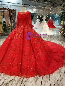 Red Ball Gown Sequins Long Sleeve Appliques Wedding Dress With Beading