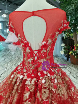 Red Ball Gown Tulle Gold Lace Appliques Cap Sleeve Backless Wedding Dress