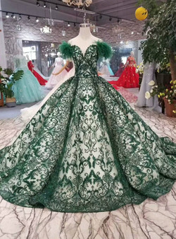 Dark Green Ball Gown Sequins Off The Shoulder Wedding Dress With Feather