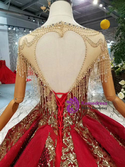 Red Ball Gown Sequins Bateau Neck Cap Sleeve Backless Haute Couture Wedding Dresses