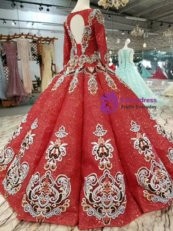 Red Sequins Square Long Sleeve Appliques Floor Length Wedding Dress