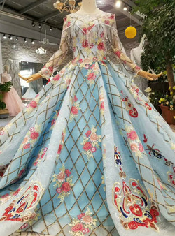 Blue Ball Gown Sequins Long Sleeve Embroidery Appliques Wedding Dress